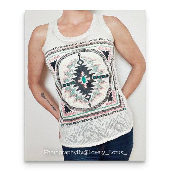 Western Aztec Tank Top Semi Sheer Burnout Graphic Print Tank Top - Picture 1 of 11